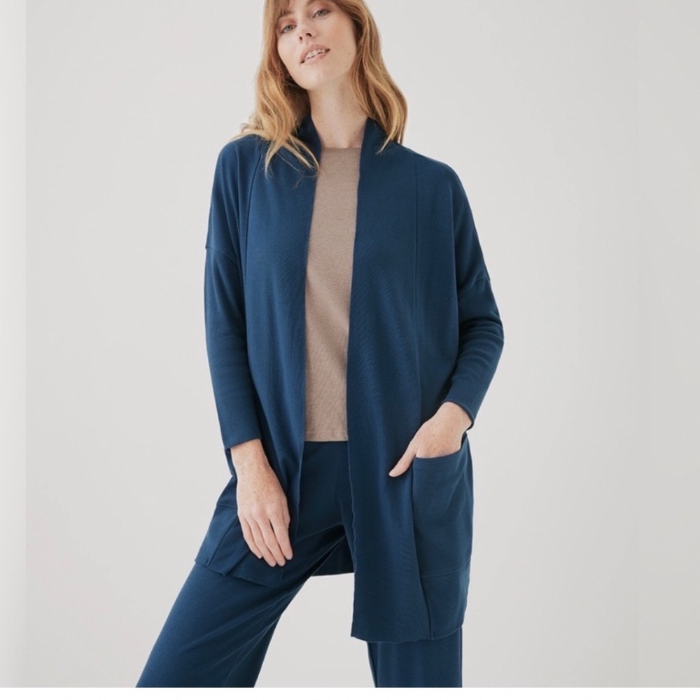 Pact Organic Airplane Wrap Cardigan Cotton Open Front Blue M/L New With Tags